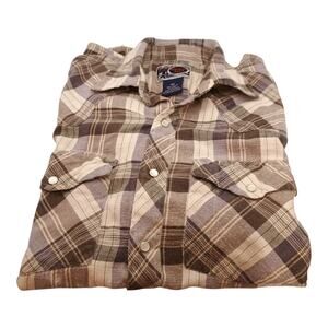 Williams Bay Western Flannel Brown Plaid Shirt W/Pearl Snap Men's Med Tall VTG